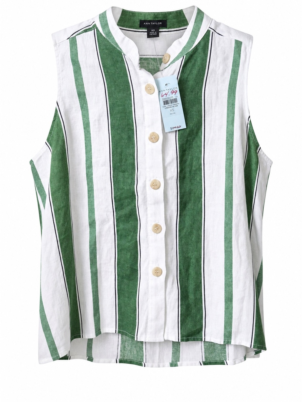 100% Linen Ann Taylor Green White Striped Sleeveless Button-Front Top XS Petite
